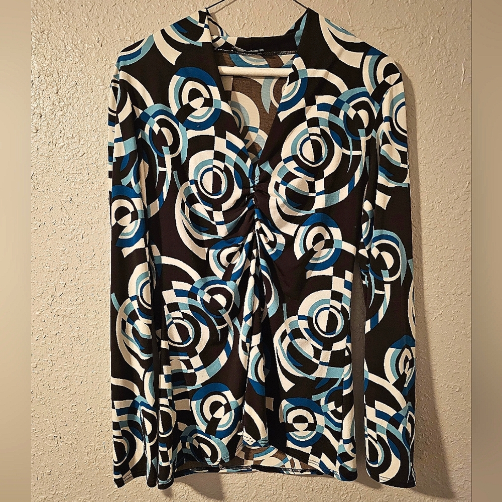 KC Medium Vintage Dress Shirt Blouse Hoops Blue Brown Clothes Y2K